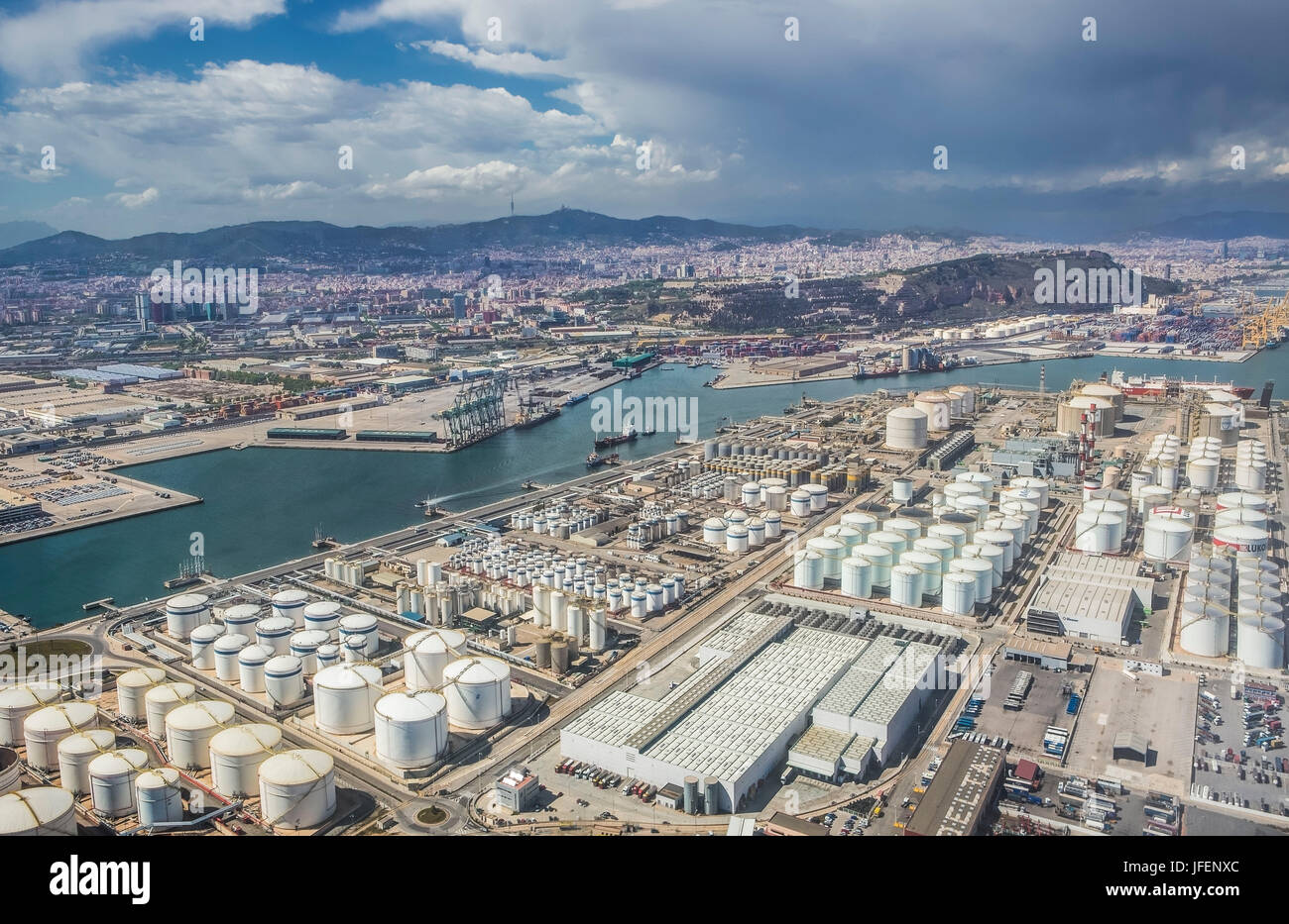 Spain, Catalonia, Barcelona City, Barcelona Harbour, Montjuich Mountain and the City Stock Photo