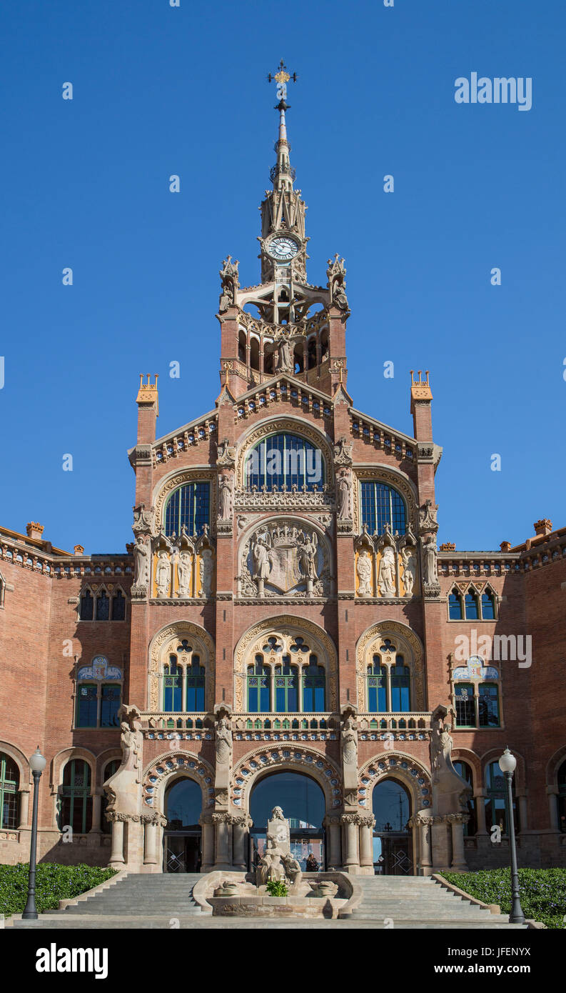Spain, Catalonia, Barcelona City, St. Pau Hospital (St. Paul), Unesco site, Main Entrance, Domenech i Montaner Architect Stock Photo