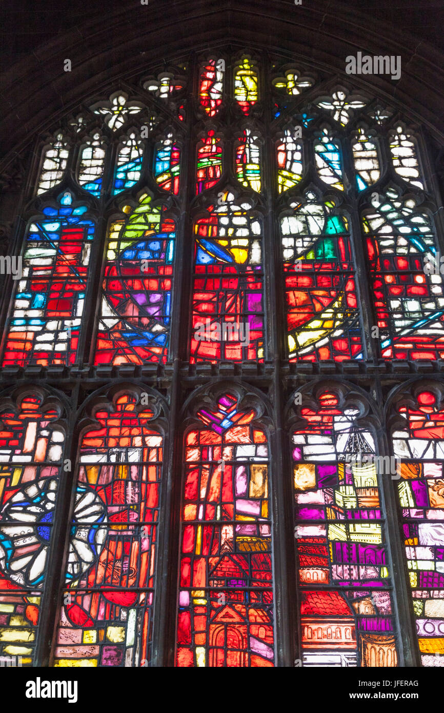 England, Manchester, Manchester Cathedral, Stained Glass Window Stock Photo
