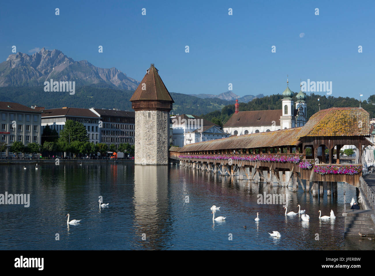 Switzerland, Lucerne City, Chapel Bridge, UNESCO World Heritage, Pilatus Peak Stock Photo