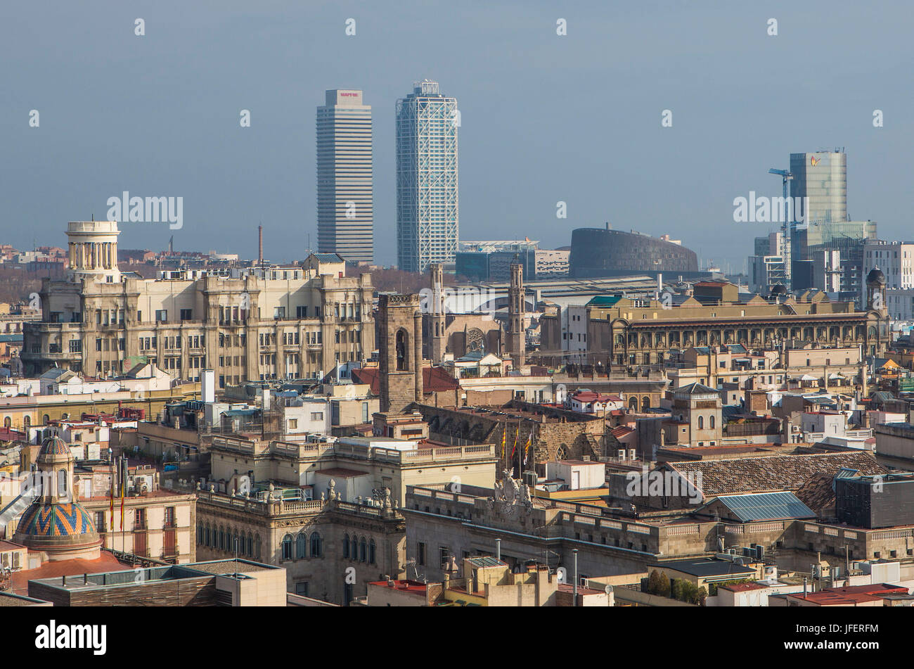 Spain, Catalonia, Barcelona City, Old Town (Ciutat Vella), Arts and Mapfre Towers Stock Photo