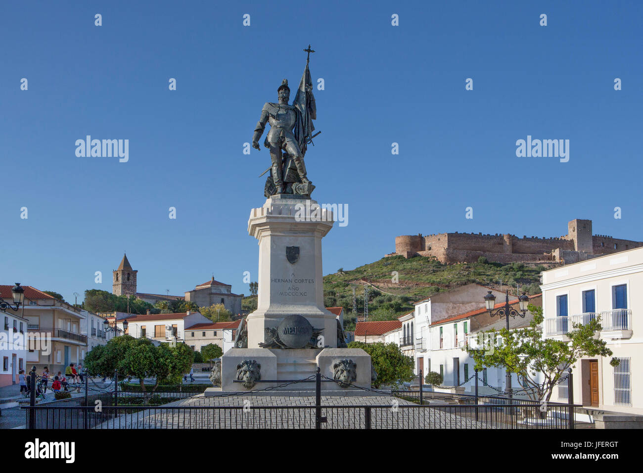 Spain, Extremadura Region, Badajoz Province, Medellin City, Hernan Cortes Monument Stock Photo