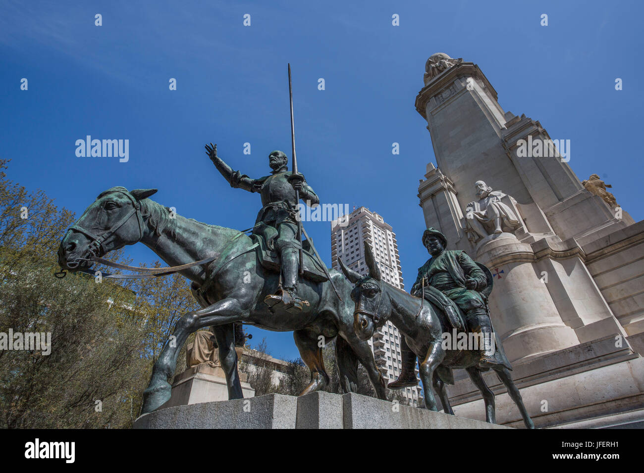 Spain, Madrid City, España Square, Cervantes Monument (Don Quijote) Stock Photo