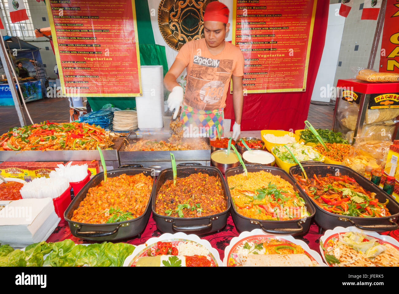 England, London, Tower Hamlets, Brick Lane, Brick Lane Market Food Stall Stock Photo