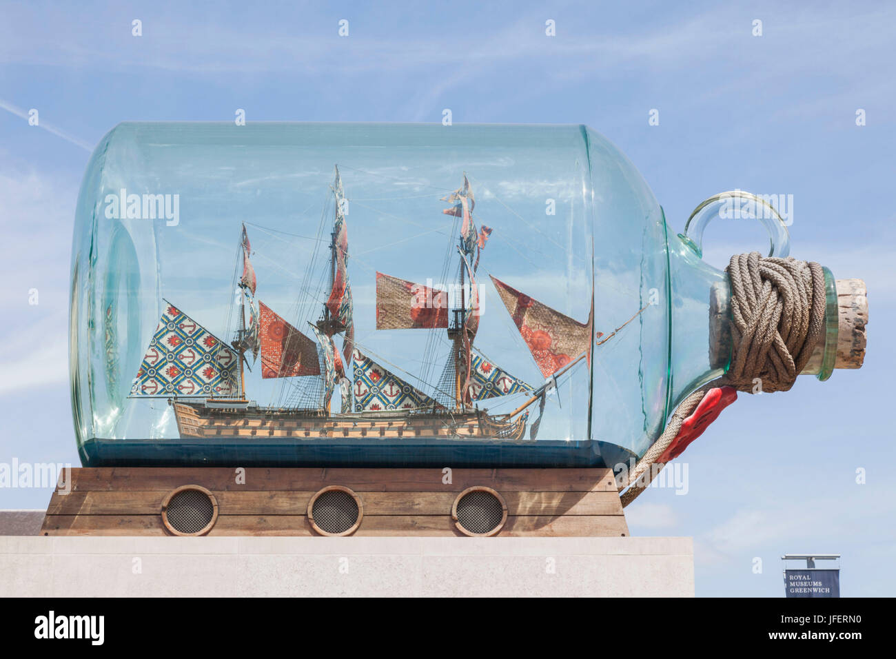 England, London, Greenwich, National Maritime Museum, 'Nelson's Ship in a Bottle' by Yinka Shonibare Stock Photo