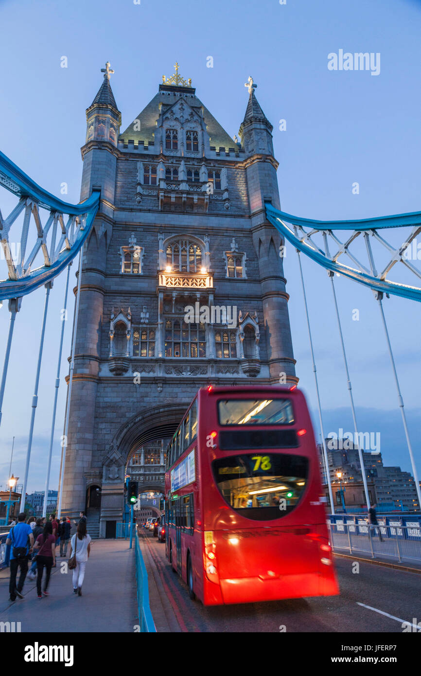 England, London, Tower Bridge and Double Decker Bus Stock Photo