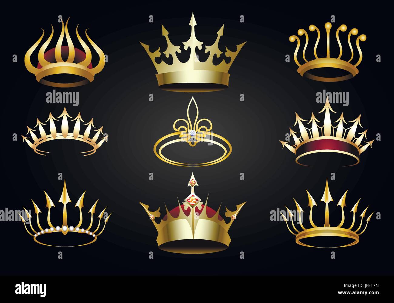 Set of various golden crowns on black background. Vector illustration. Stock Vector