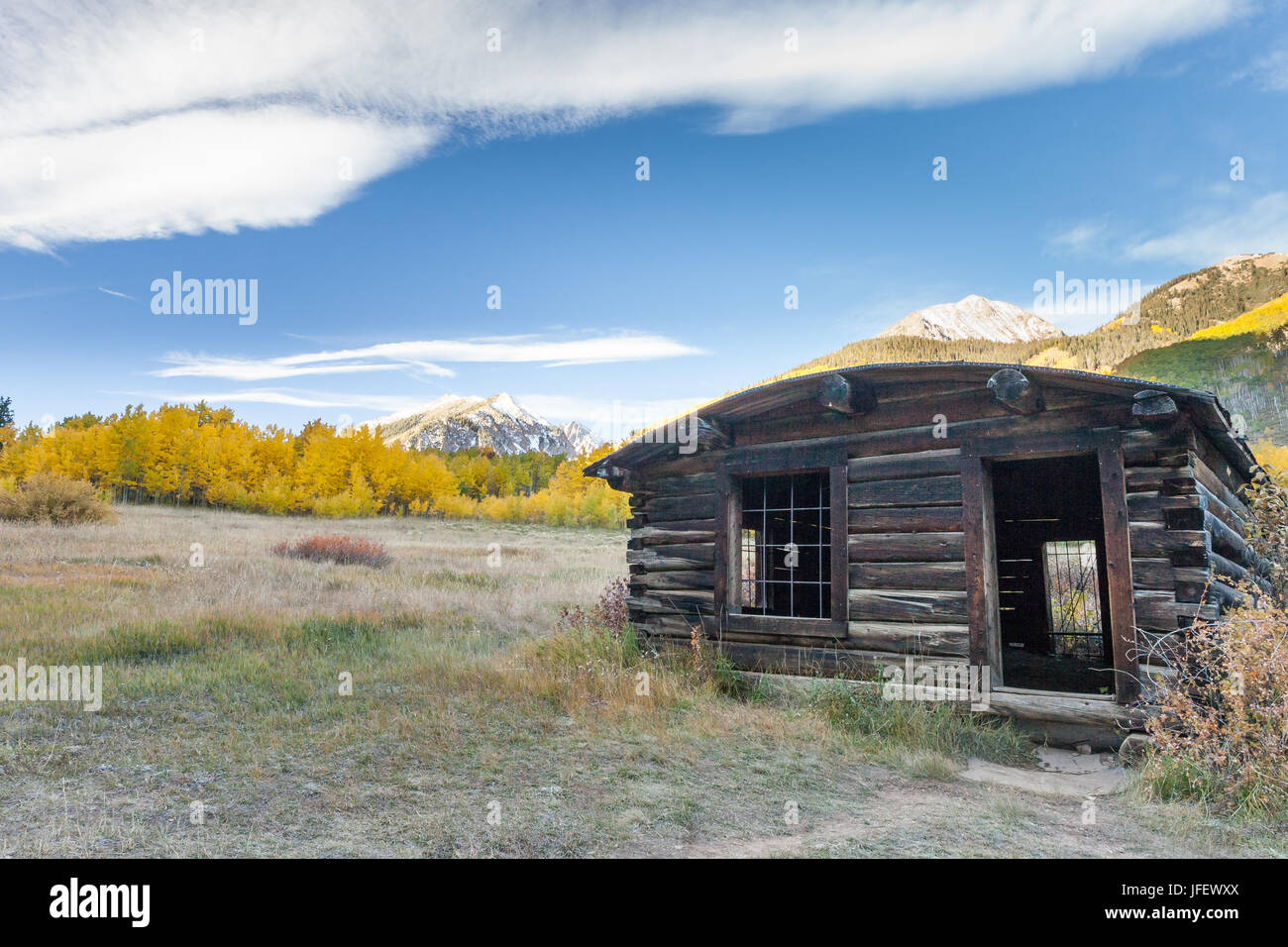 Ashcroft, Colorado Ghost Town in Autumn with Rocky Mountains in the background Stock Photo