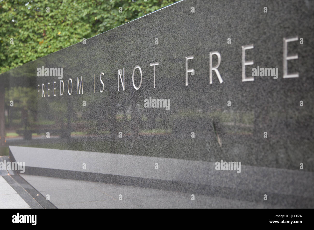 WASHINGTON, DC - AUGUST 2012: Granite monument at the Korean War Memorial which reads: 'Freedom Is Not Free'. The Korean War Memorial is located in We Stock Photo