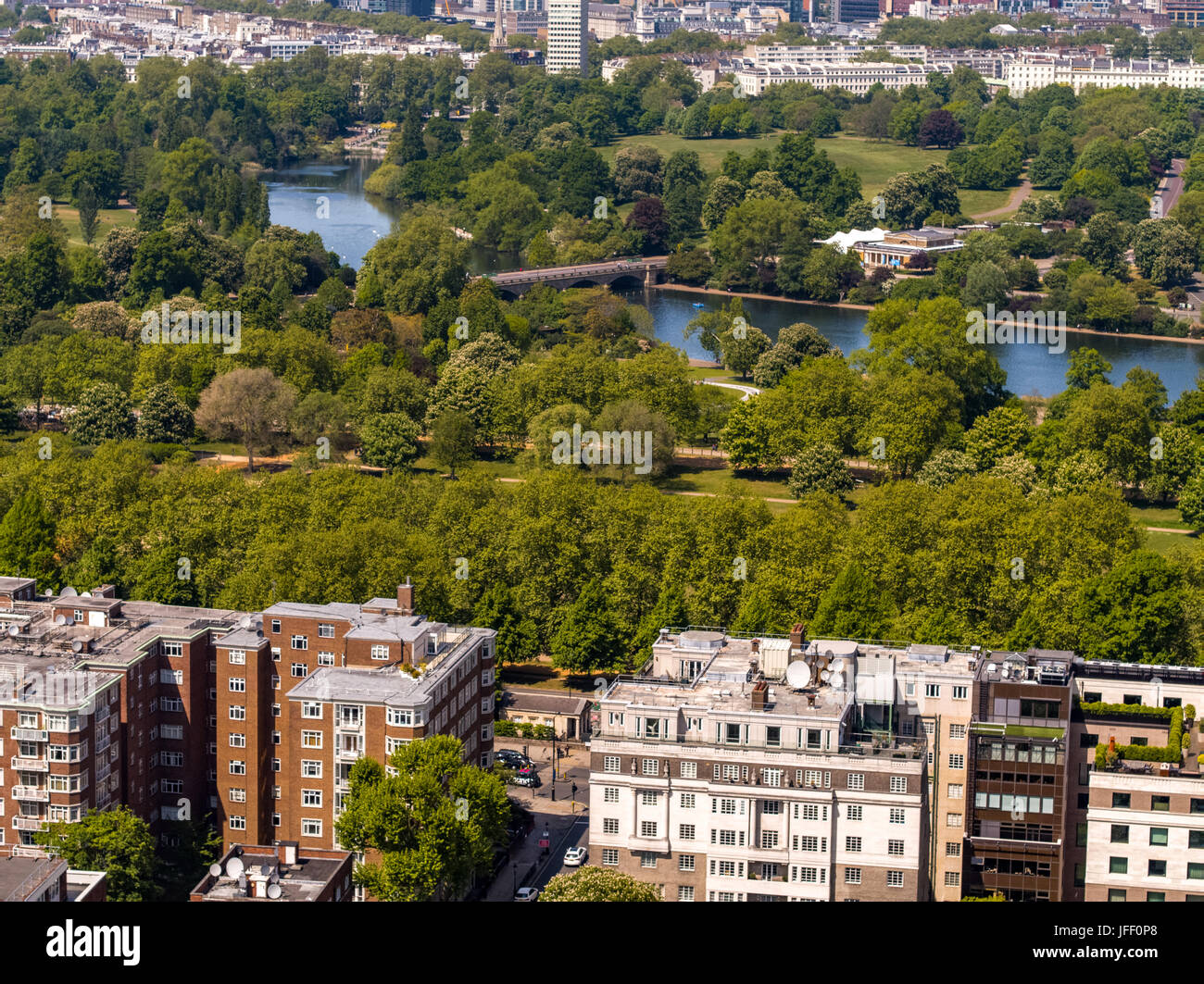Aerial view across Hyde Park and the Serpentine lake in central London in England Stock Photo