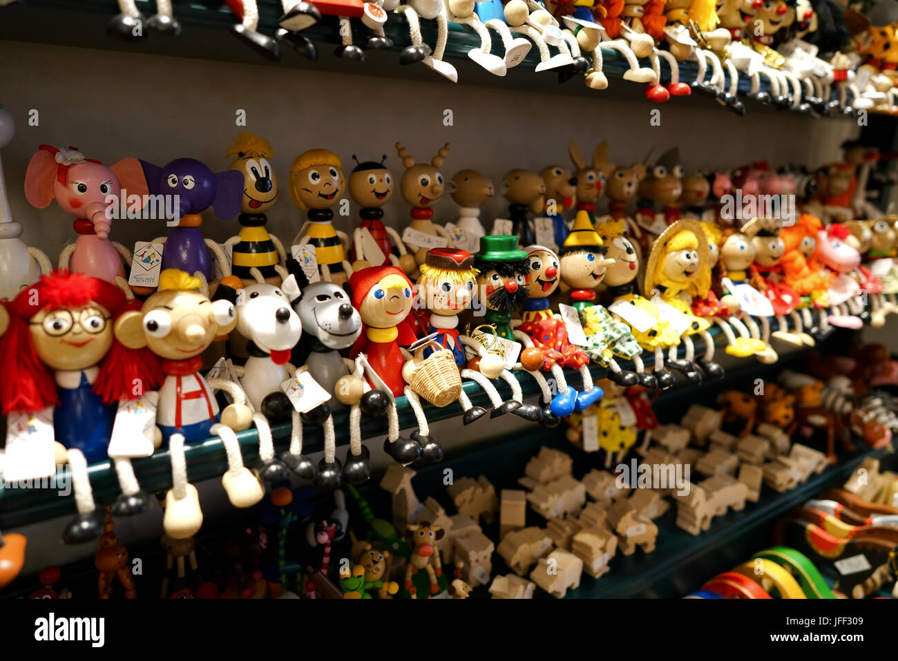 Wooden dolls in a souvenir shop in Prague Stock Photo