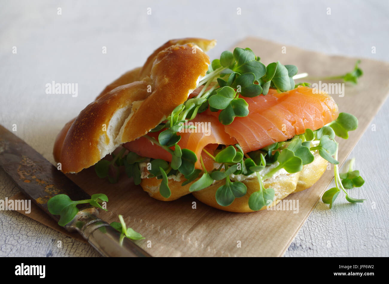roll with salmon and radish cress Stock Photo