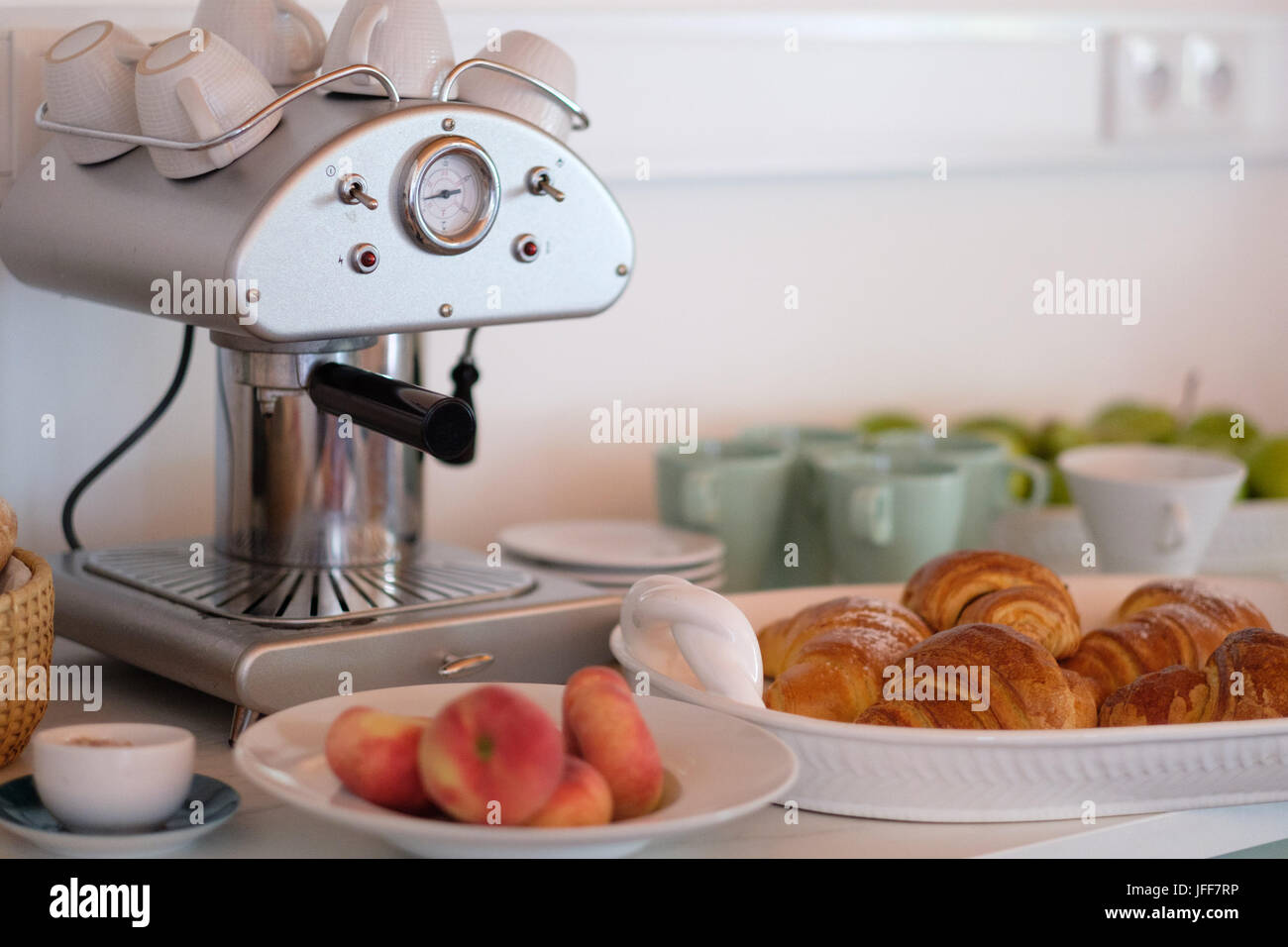 Breakfast table with vintage coffee maker Stock Photo