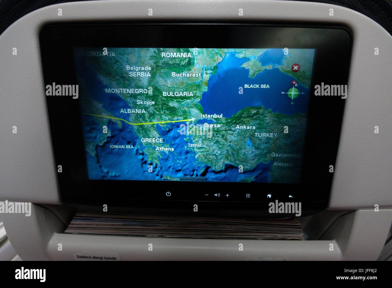 In flight map on the LCD screen on the rear of Stock Photo