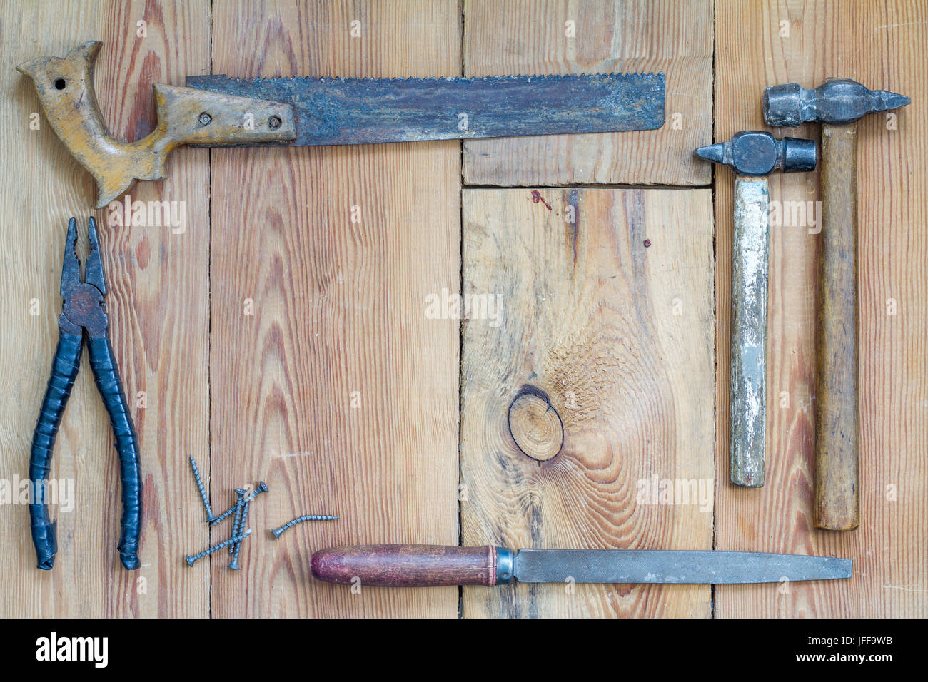 Carpentry tools on a wooden table top Stock Photo Alamy