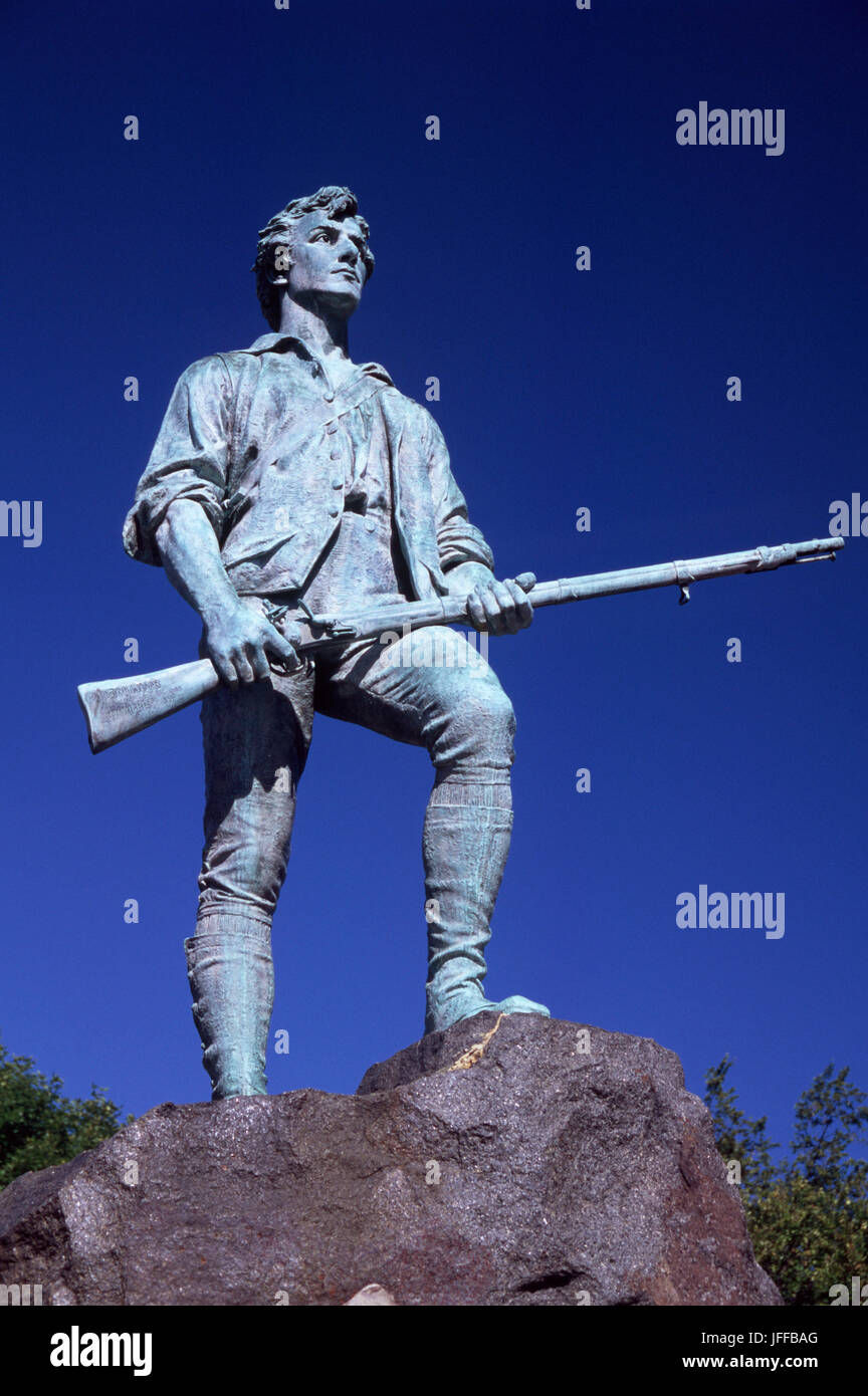 Captain Parker statue on Battle Green, Lexington Green, Lexington, Massachusetts Stock Photo