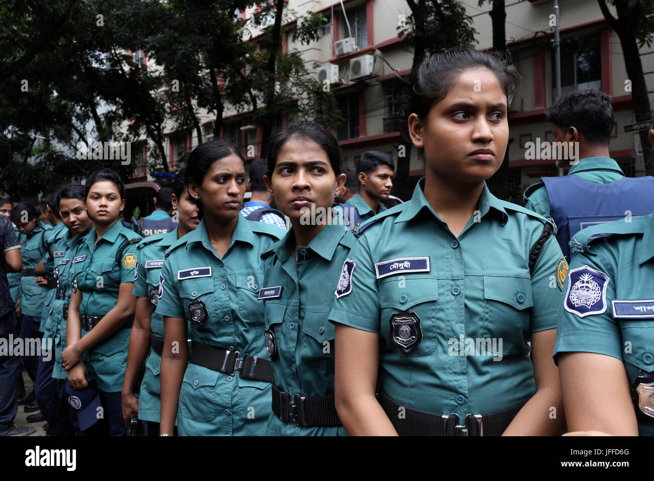 Dhaka, Bangladesh. 02nd July, 2016. Women police protest journalist and media during the time of Dhaka attack. The follower of Islamic State ideology, five Bangladeshi terrorists attacked a restaurant named Holey Artisan Bakery in Dhaka during night around 9:20 pm. People were eating dinner, the assailants were armed and killed a total of 22 people in which 18 were foreigners, and the rest were local Bangladeshis. Credit: Kazi Salahuddin Razu/Pacific Press/Alamy Live News Stock Photo