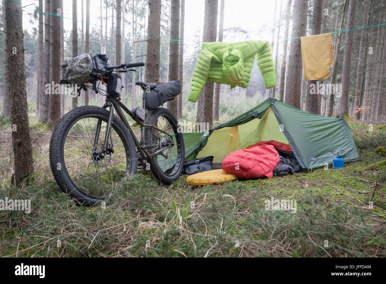 Mountain bike parked by tree trunks with tent and clothesline by it in forest Stock Photo