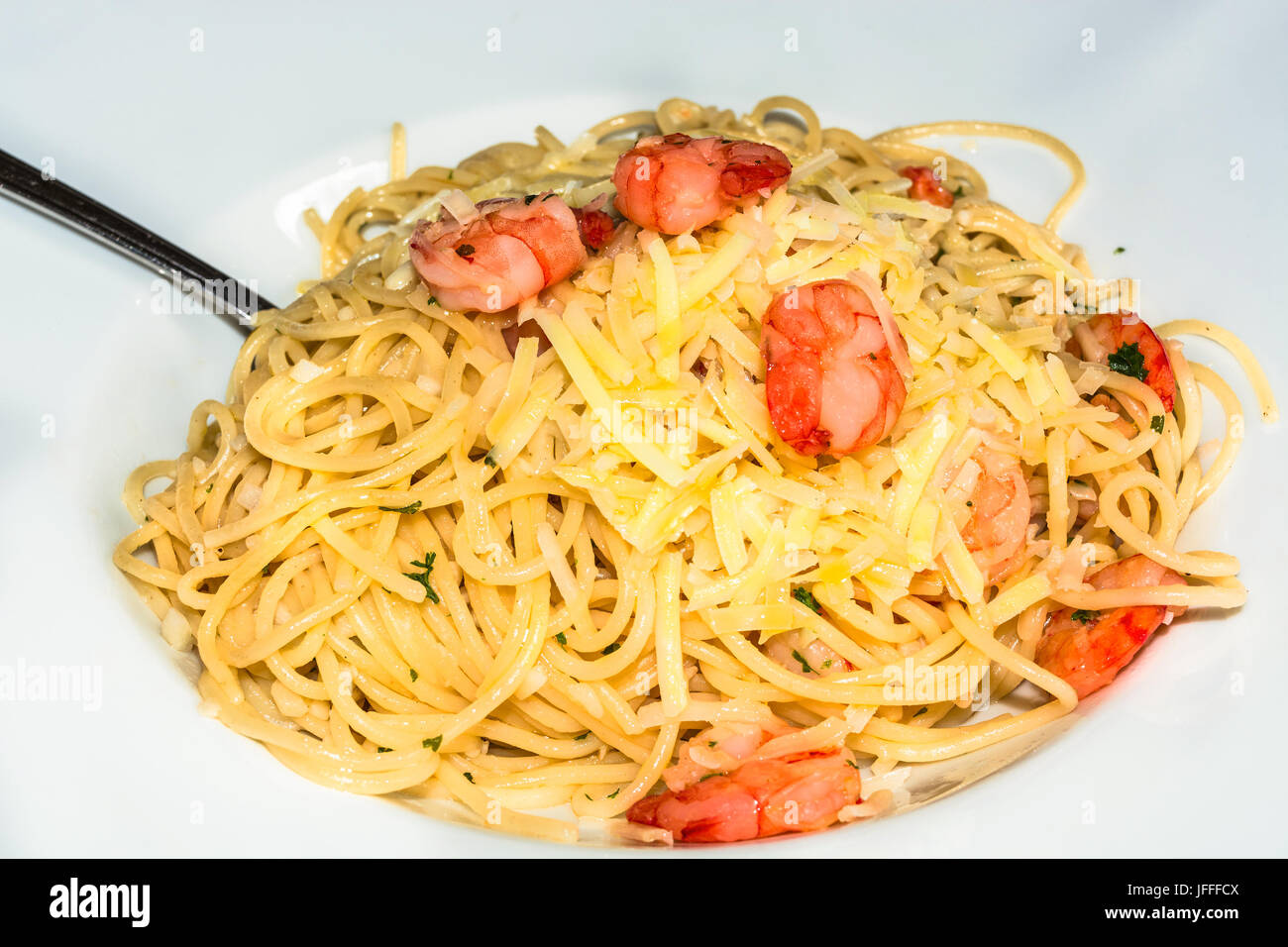 Shrimp Scampi with spaghetti and Olive Oil Stock Photo