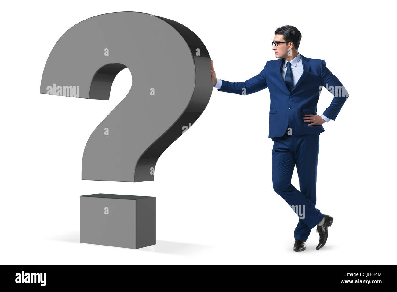 Man with question mark isolated on white Stock Photo - Alamy image.