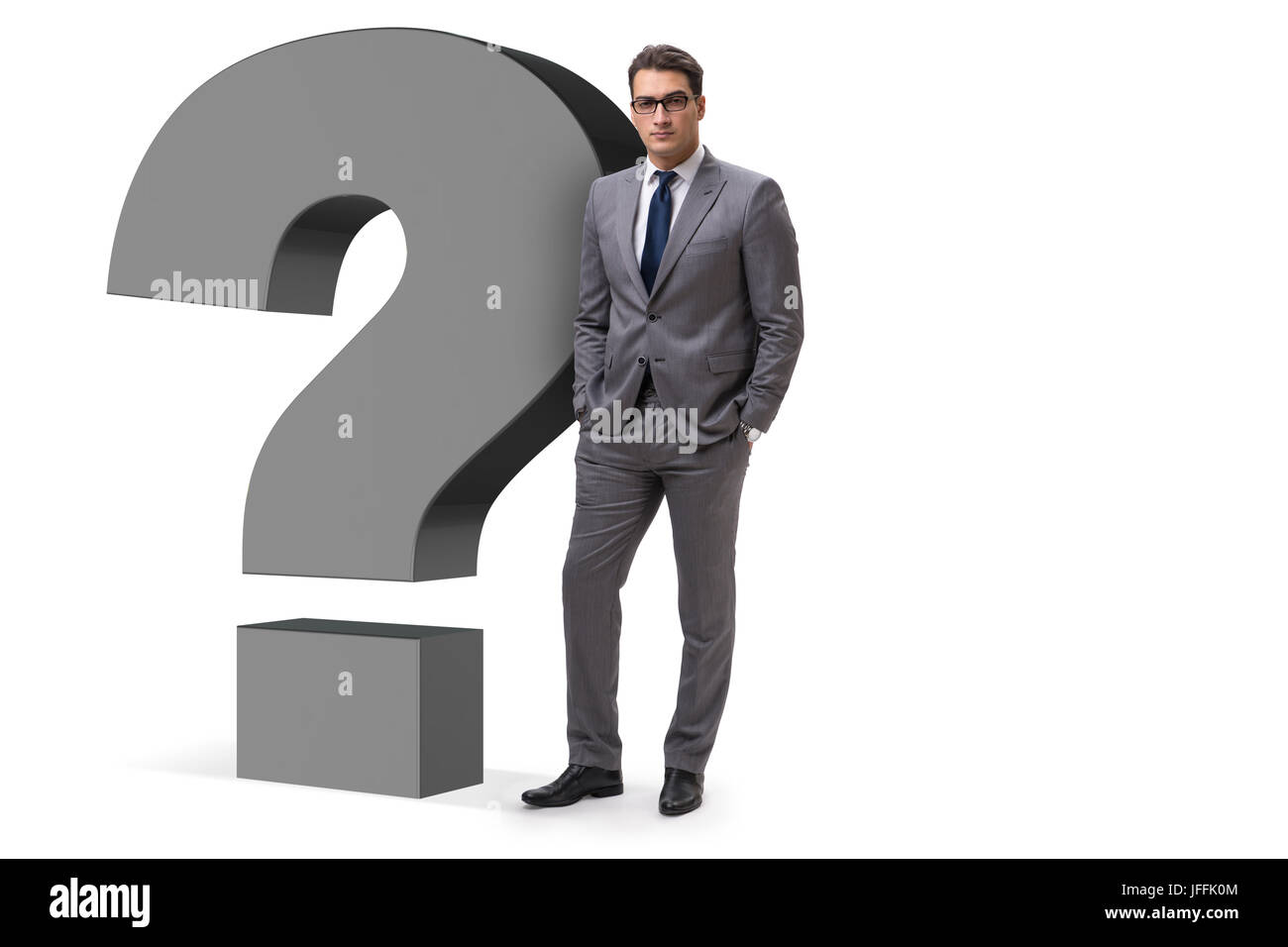 Man with question mark isolated on white Stock Photo - Alamy