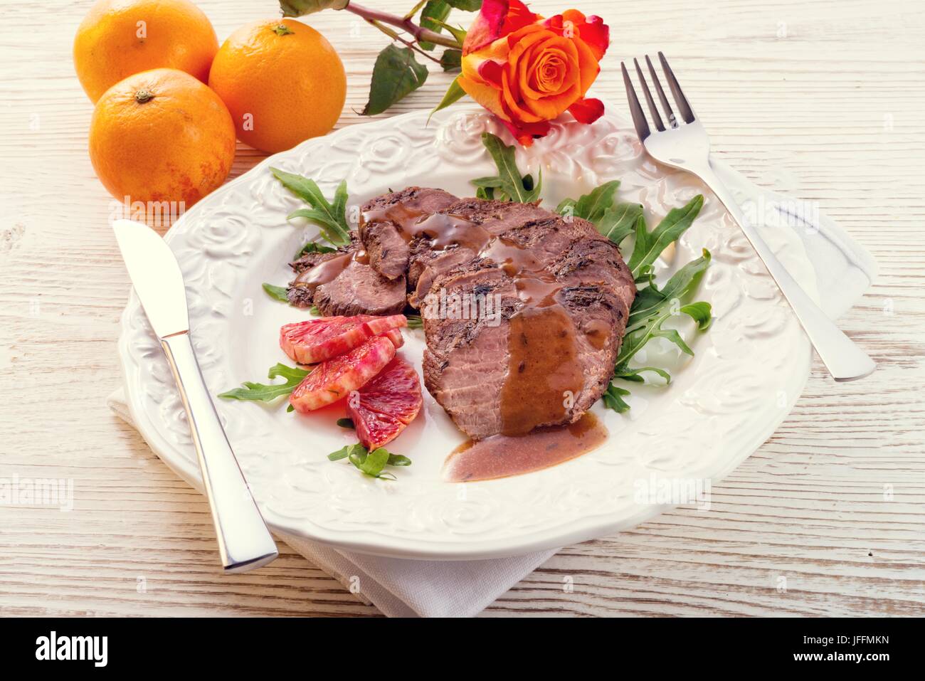 Pink fried duck breast Stock Photo - Alamy