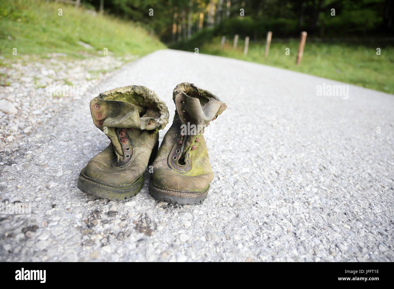 two old hiking shoes Stock Photo
