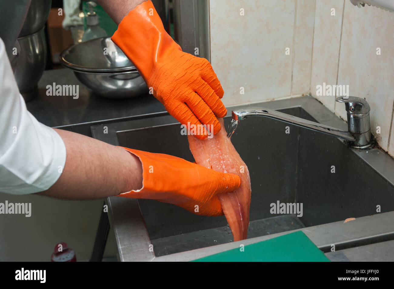 cleaning salmon fish Stock Photo Alamy
