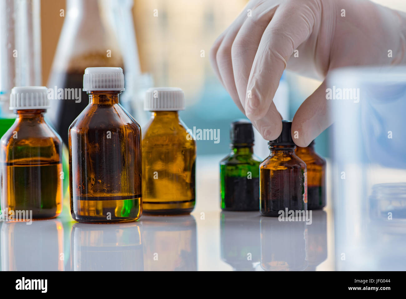 Various chemical solutions in the lab Stock Photo