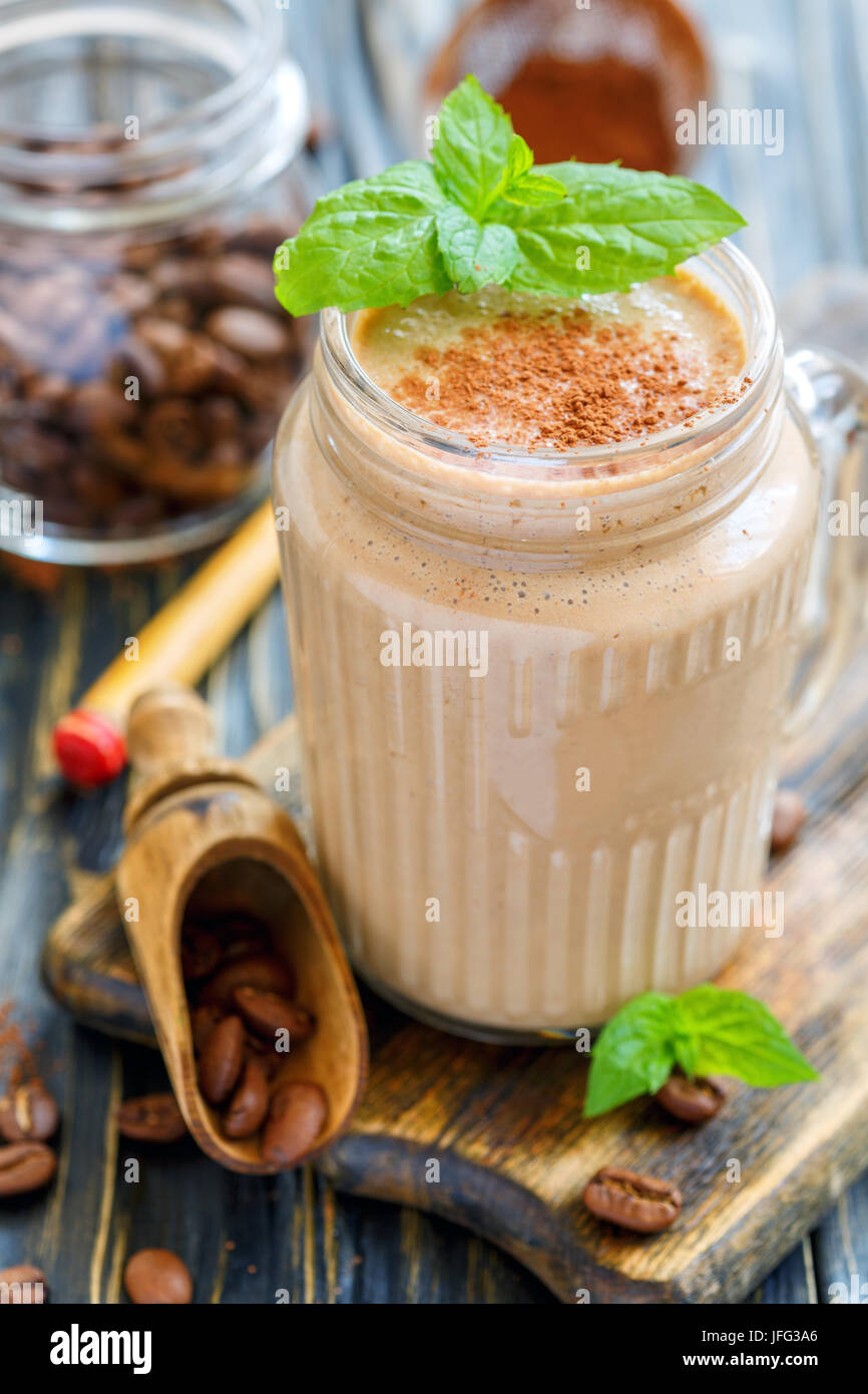 Coffee smoothie in a glass jar. Stock Photo