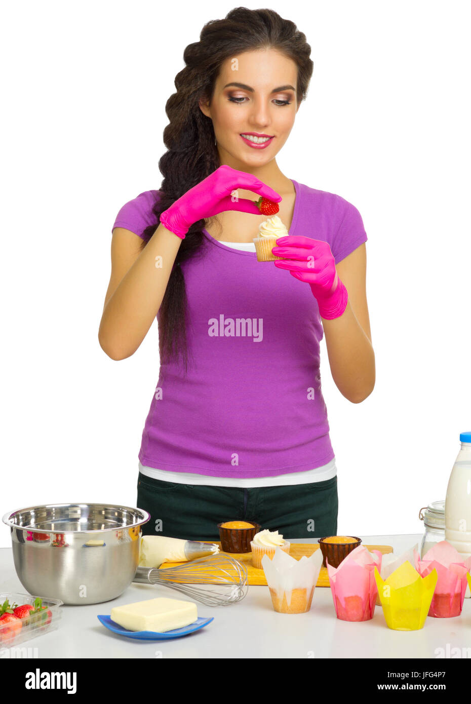 Young cooking woman at kitchen isolated Stock Photo
