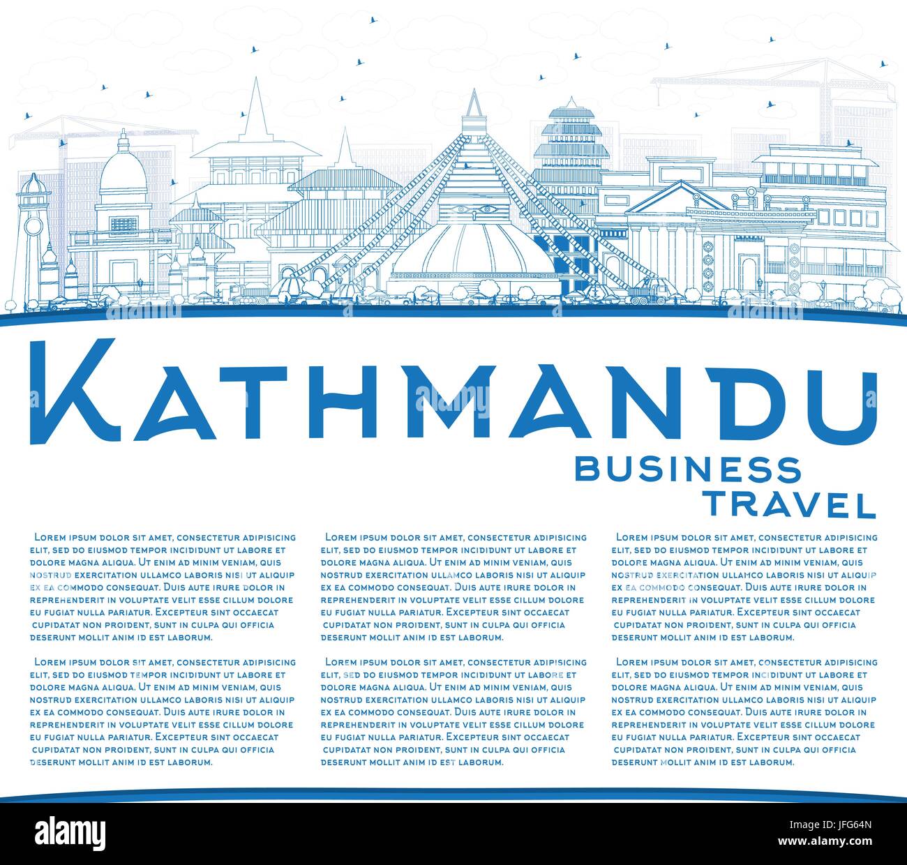 Outline Kathmandu Skyline with Blue Buildings and Copy Space. Vector Illustration. Business Travel and Tourism Concept with Historic Architecture. Stock Vector