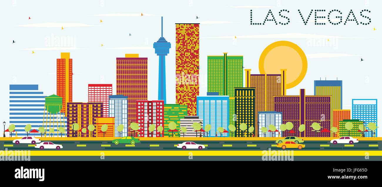 Las Vegas Skyline with Color Buildings and Blue Sky. Vector Illustration. Business Travel and Tourism Concept with Modern Buildings. Stock Vector