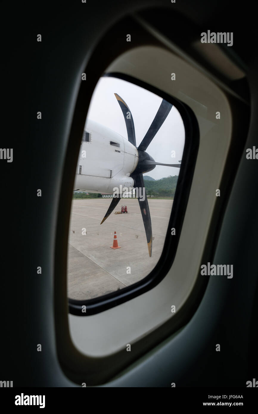 Engine of a propeller plane viewed from inside Stock Photo