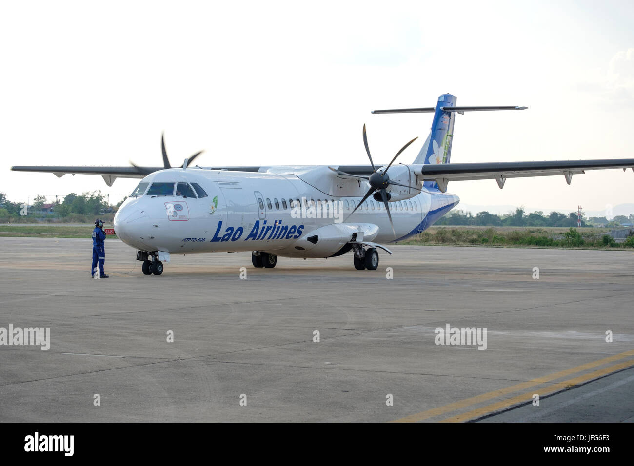 Lao Airlines propeller airplane on airport tarmac Stock Photo