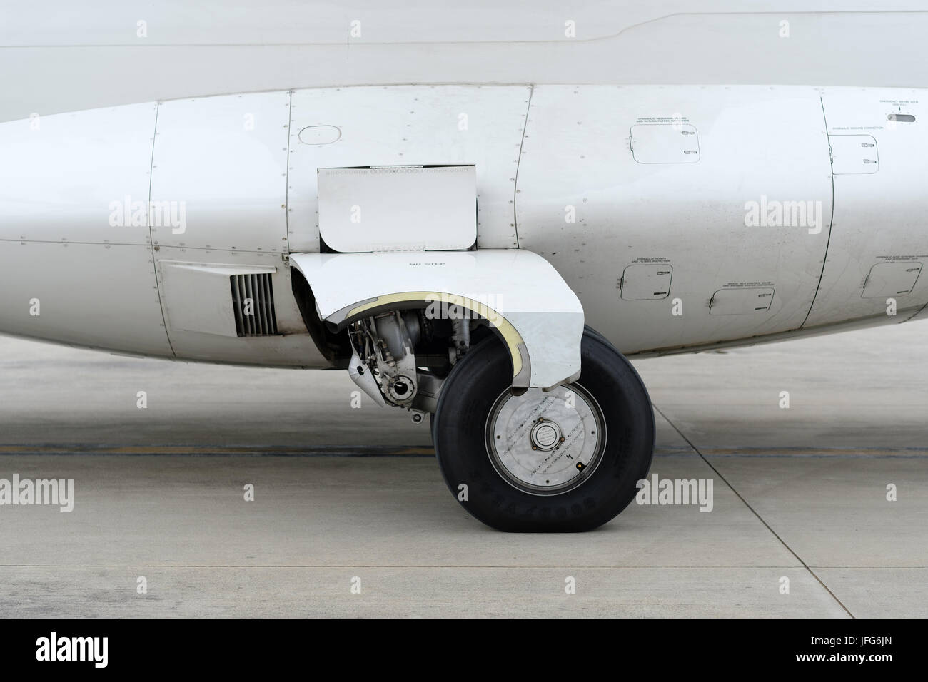 Airplane wheels and landing gear Stock Photo
