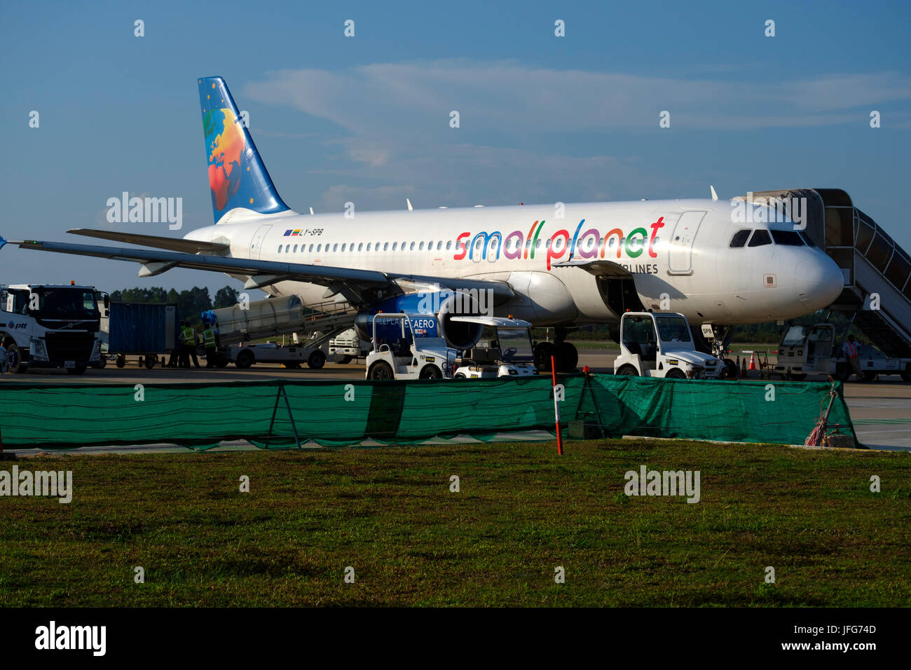 Small Planet Airlines airplane Stock Photo