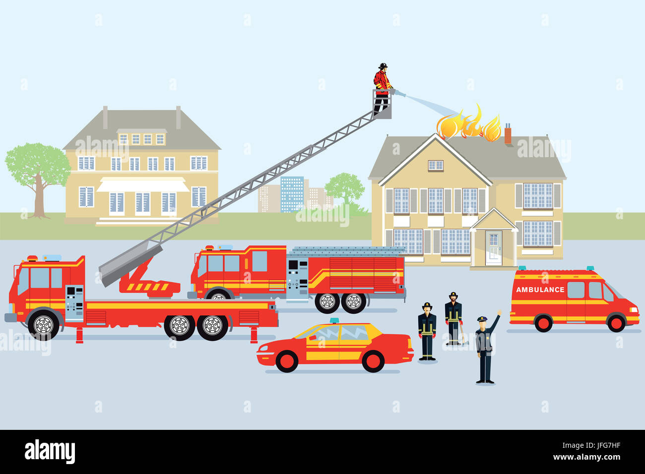 Fire brigade and fireman. Red fire truck Stock Photo