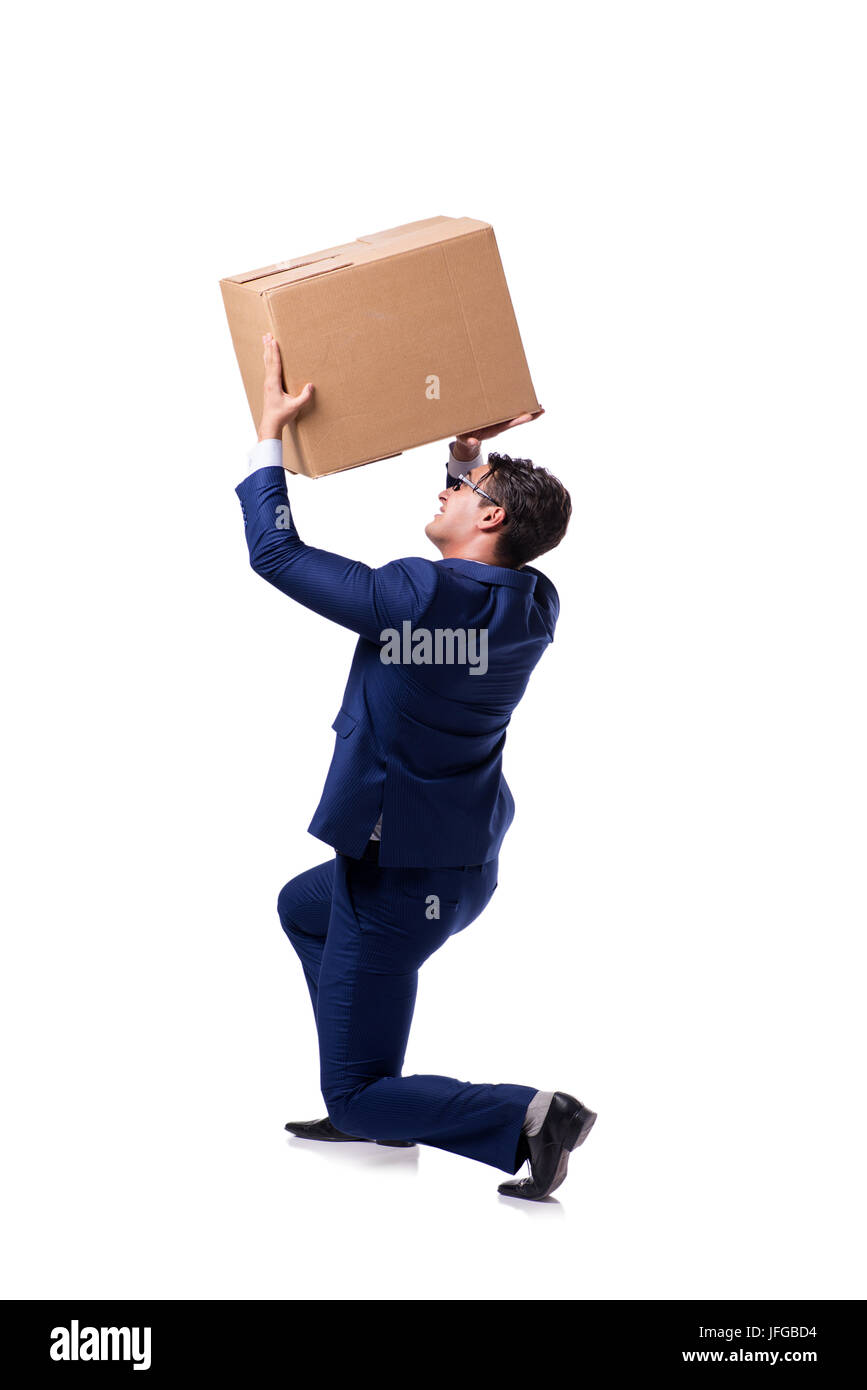 Businessman lifting box isolated on white Stock Photo