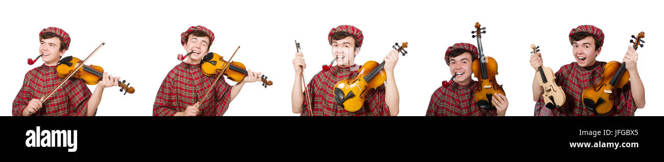 Funny scotsman with violin on white Stock Photo