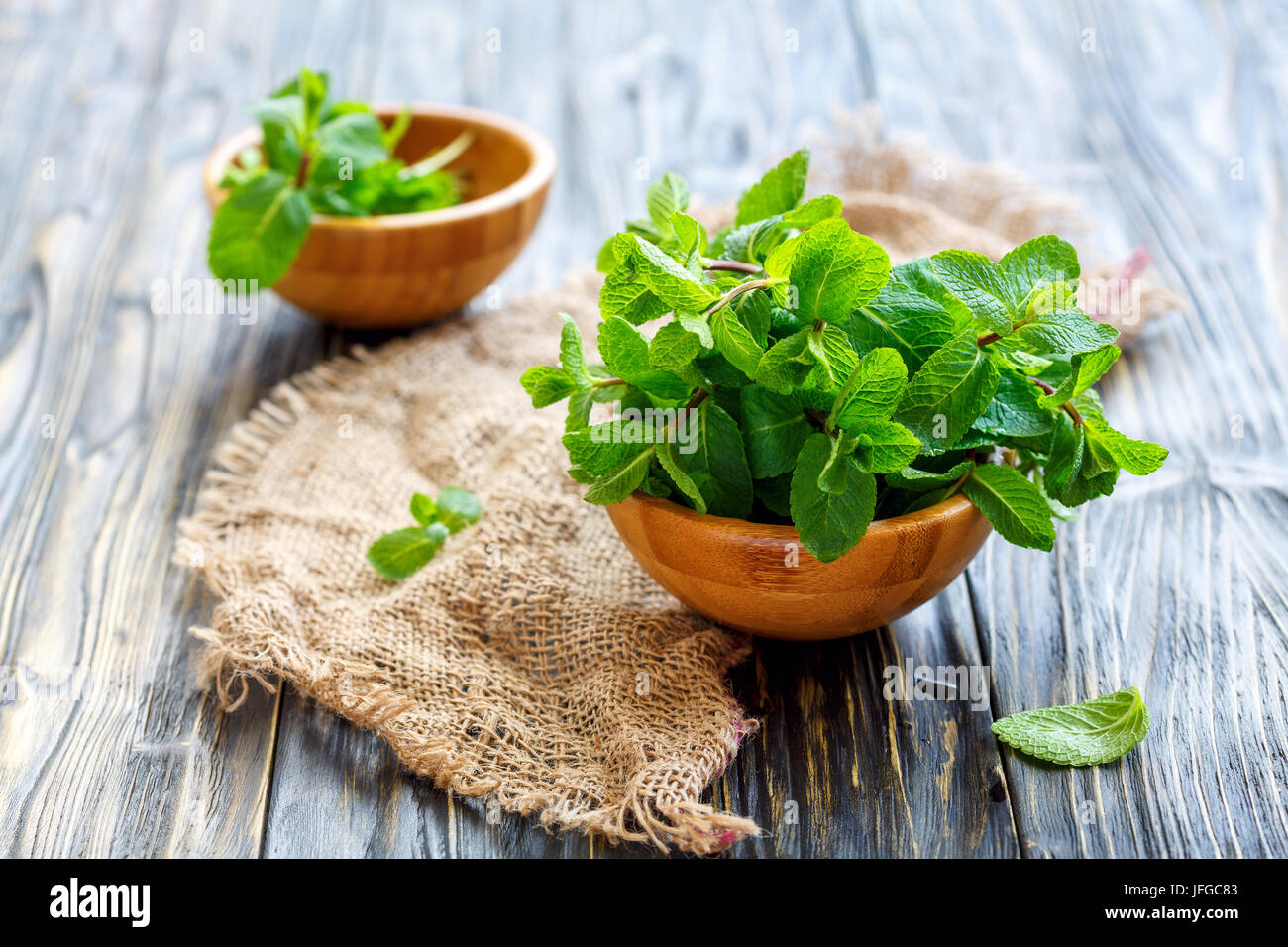 Fresh aromatic mint in a wooden bowl. Stock Photo