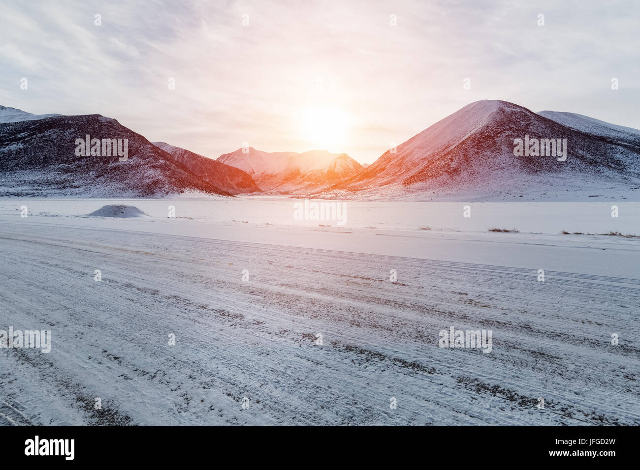 snow covered road background Stock Photo