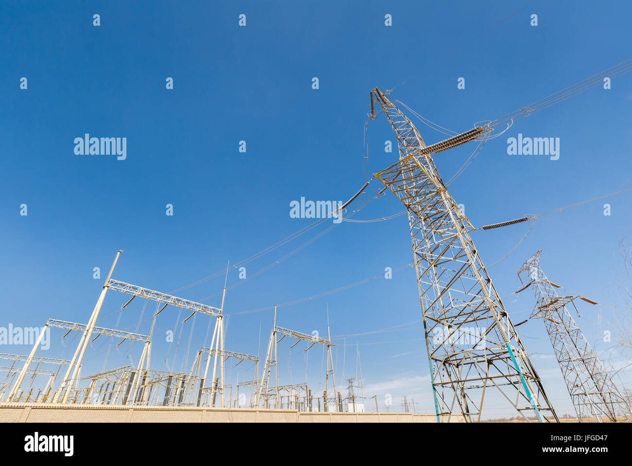 transformer substation over blue sky Stock Photo