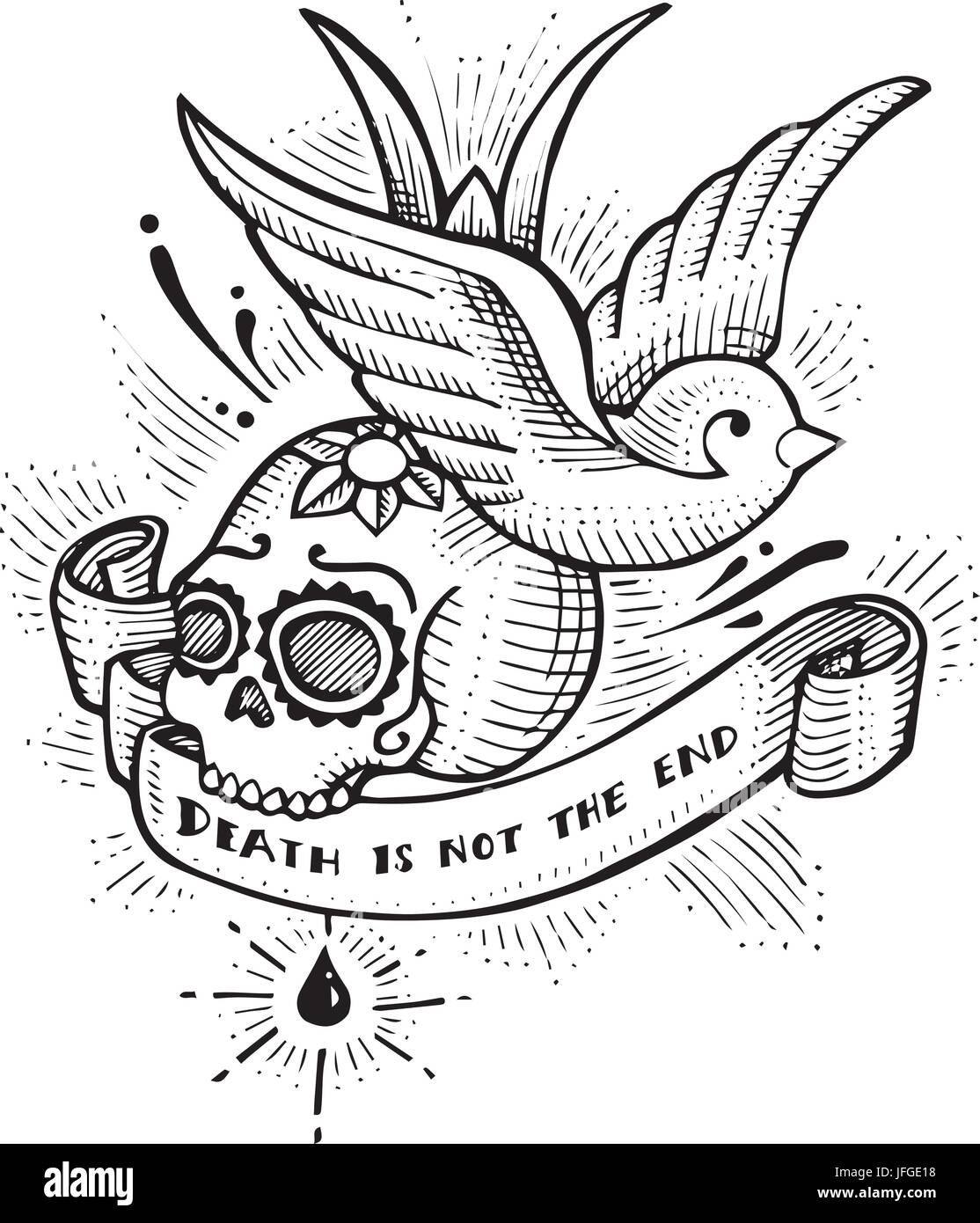 Hand drawn vector illustration or drawing of swallow bird and skull in an old school tattoo style with the phrase: Death is not the end Stock Vector