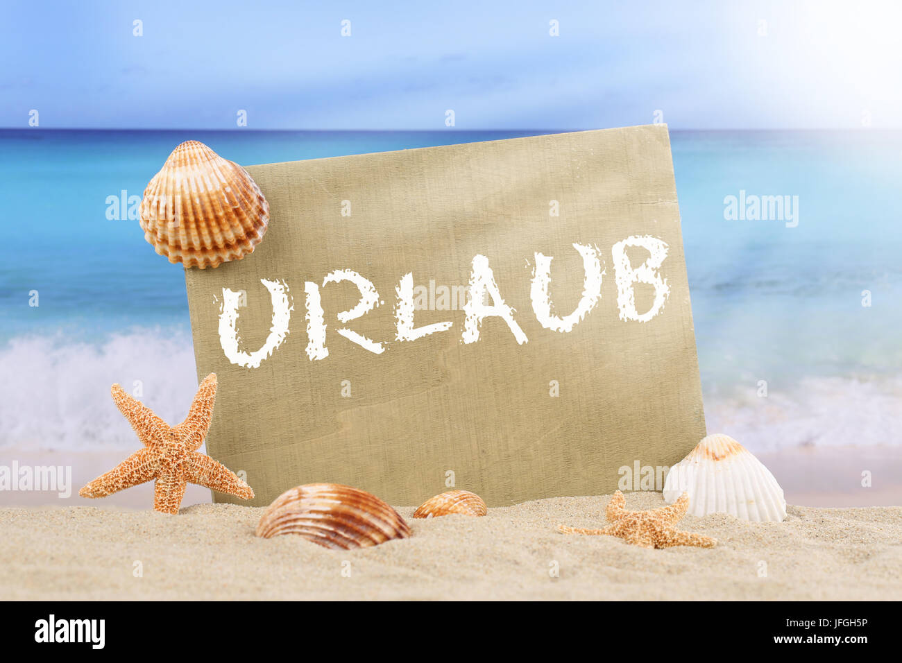 Strand Meer Szene im Urlaub im Sommer mit Seestern und Muscheln Stock