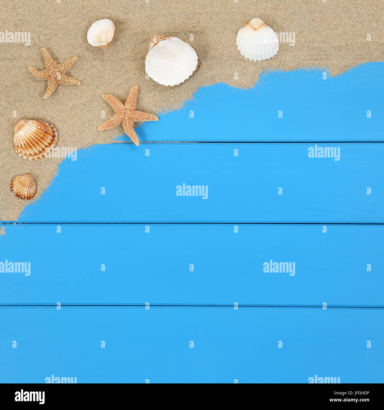 Muscheln und Seesterne im Sommer am Strand im Urlaub mit Textfreiraum Stock Photo