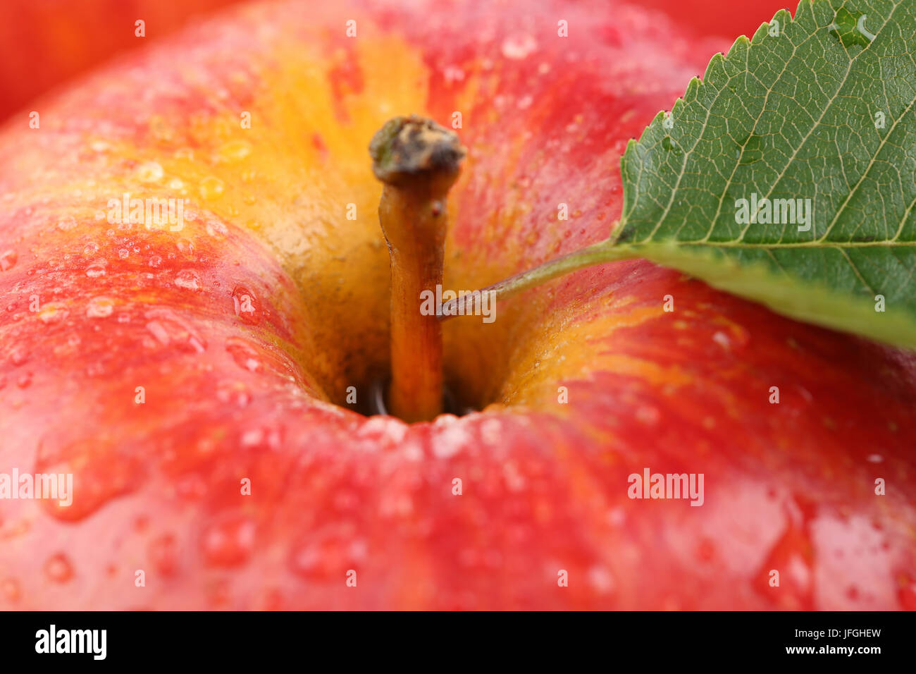 Makro roter Apfel Frucht mit Blatt Stock Photo