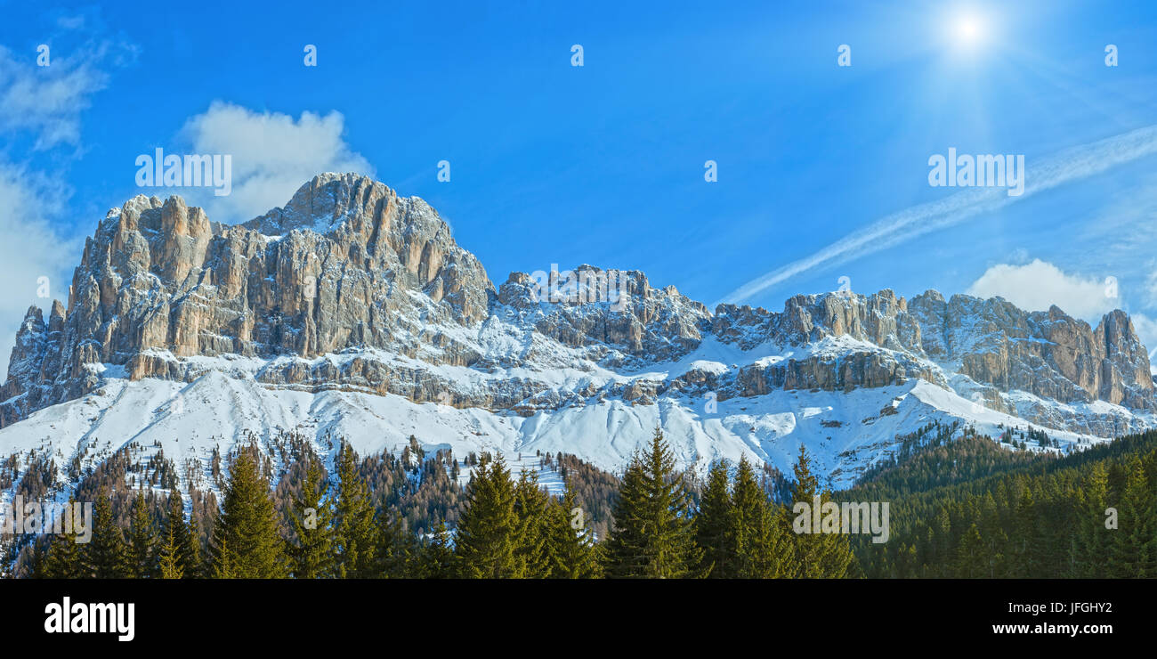 Winter rocky mountain panorama (Great Dolomites Road). Stock Photo