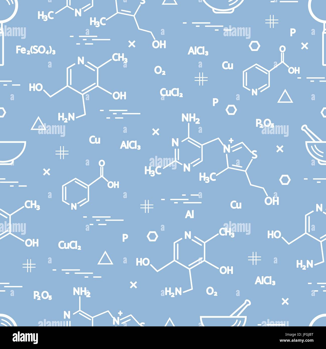 Seamless pattern with scientific, education elements: molecular structure, formula, pestle and other. Design for banner, poster or print. Stock Vector