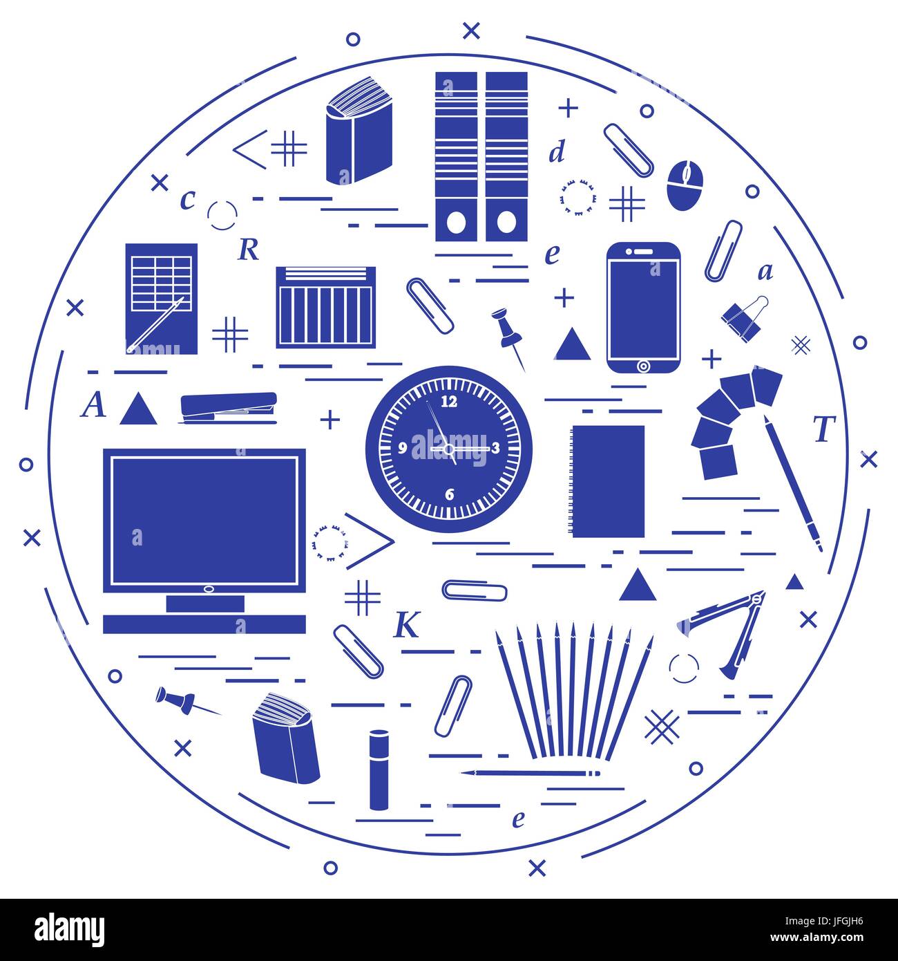 Set of different office objects arranged in a circle. Including icons of paper clips, buttons, pencils, glue, monitor, clock and other on white backgr Stock Vector